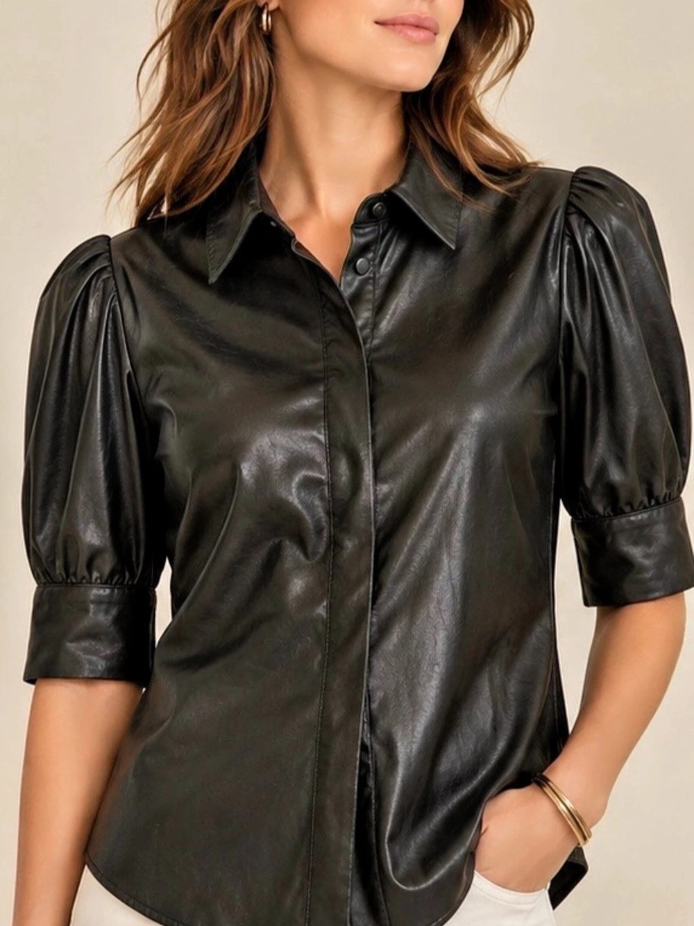 Tyler Boe Alice Vegan Leather Black Puff Sleeve Shirt Blouse 2 EUC